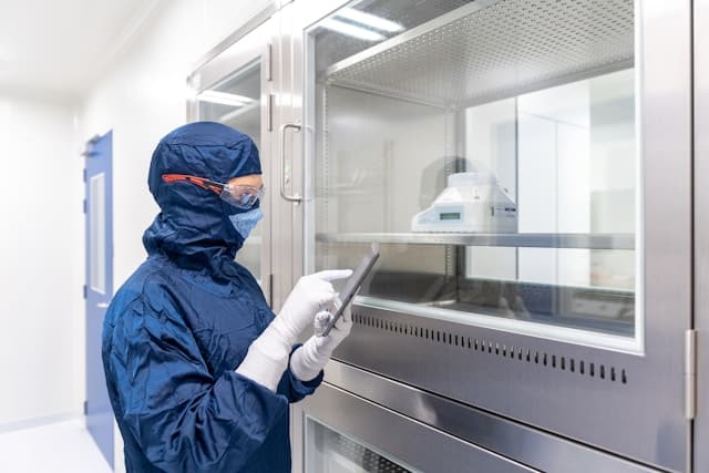 Worker in lab with tablet